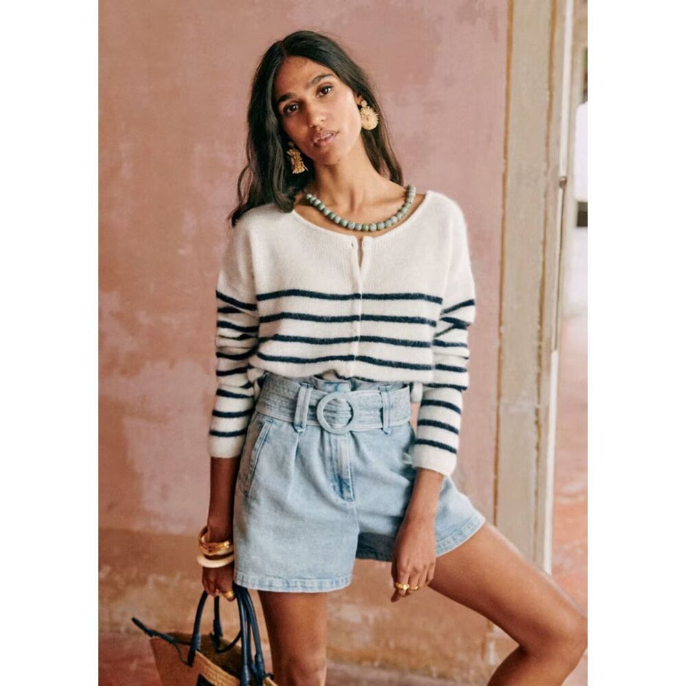 Sezane Gaspard Ecru Navy Striped Scoop Neck Sweater